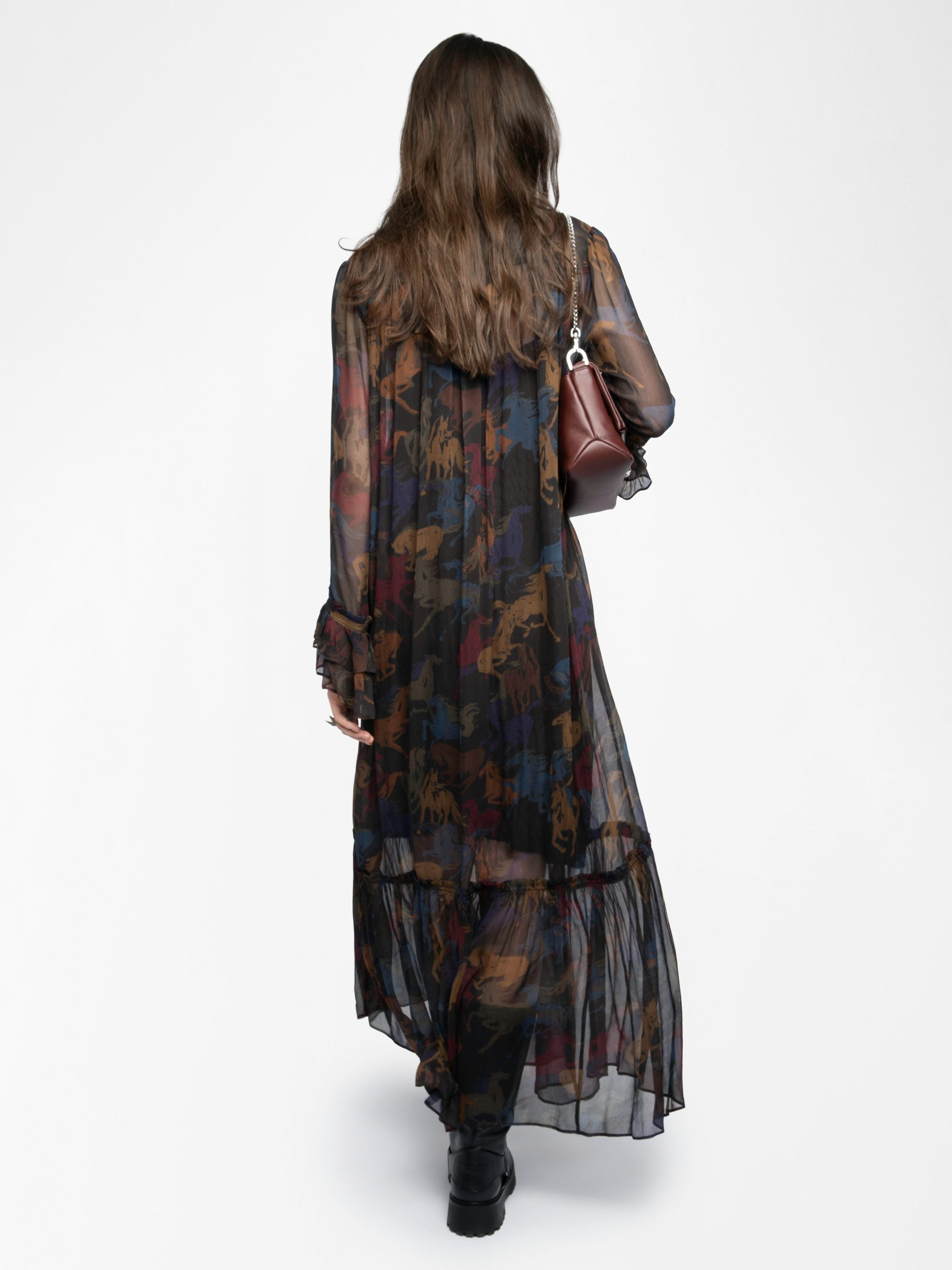 Ralicel Dress - Long draped dress in printed muslin, long sleeves.
